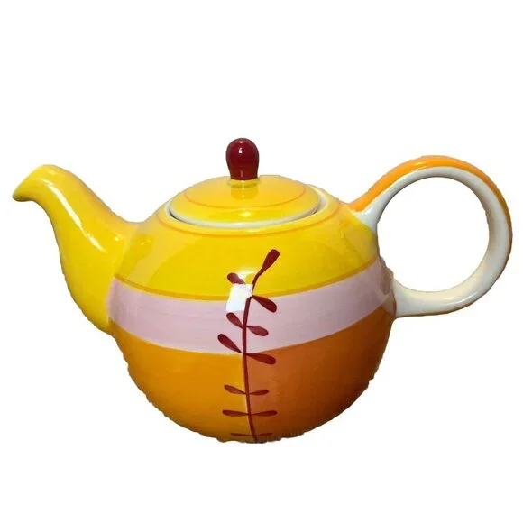 Hues N Brews Teapot Set w/ 2 Cups & Tray Ceramic Yellow Orange Hand Painted - Picture 2 of 11